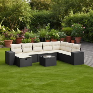 Conjunto de sofás de jardín en ratán sintético negro con cojines de espuma de alta densidad para uso en exteriores, diseño contemporáneo - Product Image 2