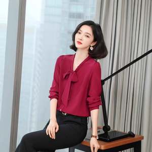 Haut décontracté en soie pour femmes, élégant et léger, à manches longues, amincissant les jeunes avec décoration de boutons, nouvelle chemise en soie lourde - Product Image 4