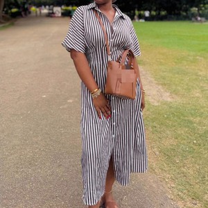 ชุดเดรสคาร์ดิแกนลายทางแขนสั้นทรงหลวมสไตล์แอฟริกันสำหรับผู้หญิง - แฟชั่นไซส์ใหญ่ - Product Image 6