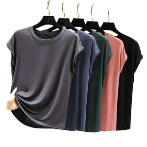 Tops en jersey de polyester doux pour femmes 2025, couleur radieuse basique, manches courtes, coupe ample, col montant, imprimé estival, style doux - Product Image 4