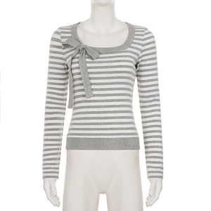 Camiseta Coreana a Rayas Casual con Lazo en el Cuello, Manga Larga, Corte Ajustado, Versátil y Básica para Mujer - Product Image 6