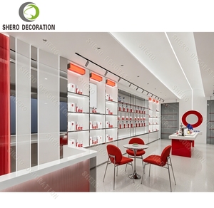 Modern Skincare Store Interior Design Red & White Cosmetic <b>Display</b> Cabinet Glass <b>Shelf</b> Wall <b>Unit</b> with LED Lightbox Shop Fitting - Product Image 1