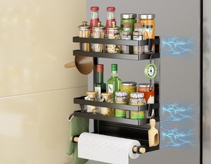 Organisateur magnétique pour réfrigérateur à 2/3 niveaux avec porte-épices, porte-serviettes en papier et crochets, idéal pour le rangement de la cuisine sur le côté du réfrigérateur - Product Image 5