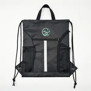 Logotipo personalizado Swim Mesh Draw String Bags Poliéster impermeable Bolsa de deporte Mochila con cordón con bolsillo con cremallera