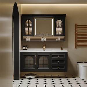 Combinaison d'armoires de salle de bain rétro en chêne français, meuble-vasque en bois massif, lavabo intégré en céramique - Product Image 6