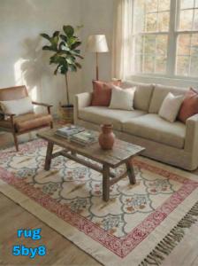 Floral Mughal <b>Block</b> Print Cotton Rug 5x8 Handmade Carpet with Tassels Boho Floor Mat Living Room Decor - Product Image 2