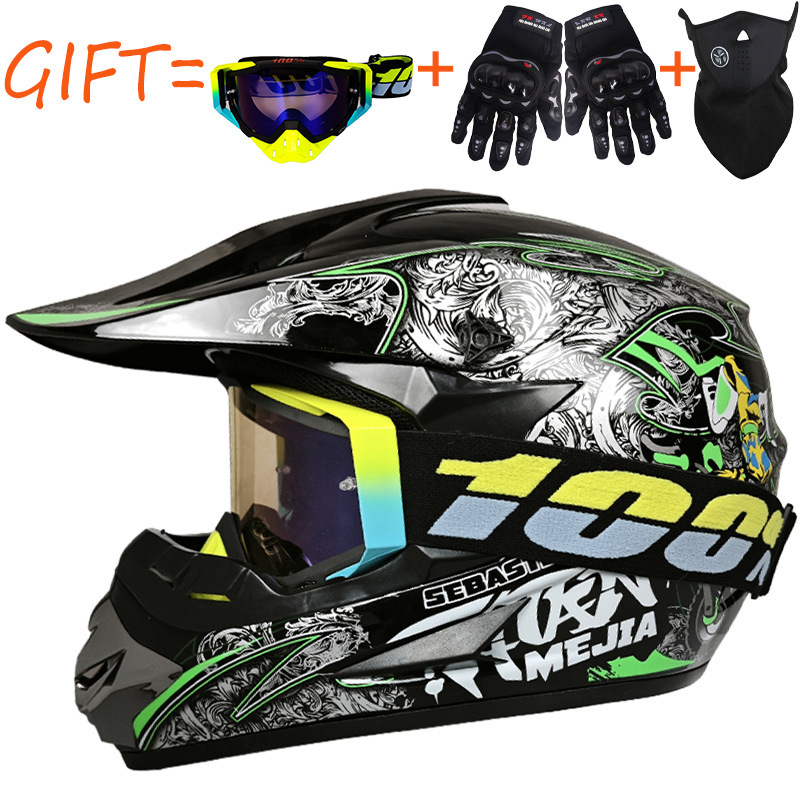 Black and green motorcycle comes with yellow and blue 100
