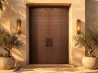 Porte de sécurité en aluminium haut de gamme, motif floral tropical moderne gravé, bande centrale en bois, double, luxe, étanche, insonorisée, décorative