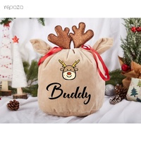 Sac de Noël en velours doux avec cordon de serrage, logo personnalisé brodé, de luxe, réutilisable, avec des bois de cerf, pour enfants et cadeaux