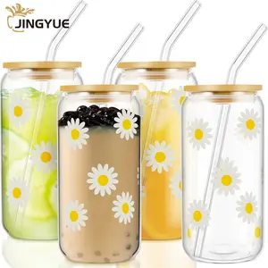 Tazze in Vetro a Forma di Lattina con Logo Personalizzato, 480ml, Design Floreale, per Succhi e Caffè, con Coperchi in Bambù e Cannucce, per Matrimoni e Festività - Product Image 1