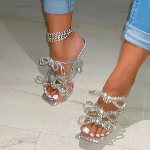 Nouvelles sandales à talons transparents avec nœud en strass européennes et américaines 2023, or et argent, chaussures pour femmes - Product Image 1