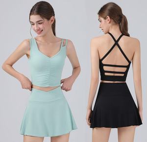 2ピース テニススカートセット フロントプリーツ クロスバック クロップトップ Vウエストスカート レディース スポーツ バドミントン テニスウェアセット - Product Image 1