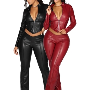GHH10899- 2025 nuova moda <span class=keywords><strong>da</strong></span> donna giacca di pelle elastica con cerniera Slim Fit Casual Micro pantaloni svasati <span class=keywords><strong>Set</strong></span> due pezzi - Product Image 1