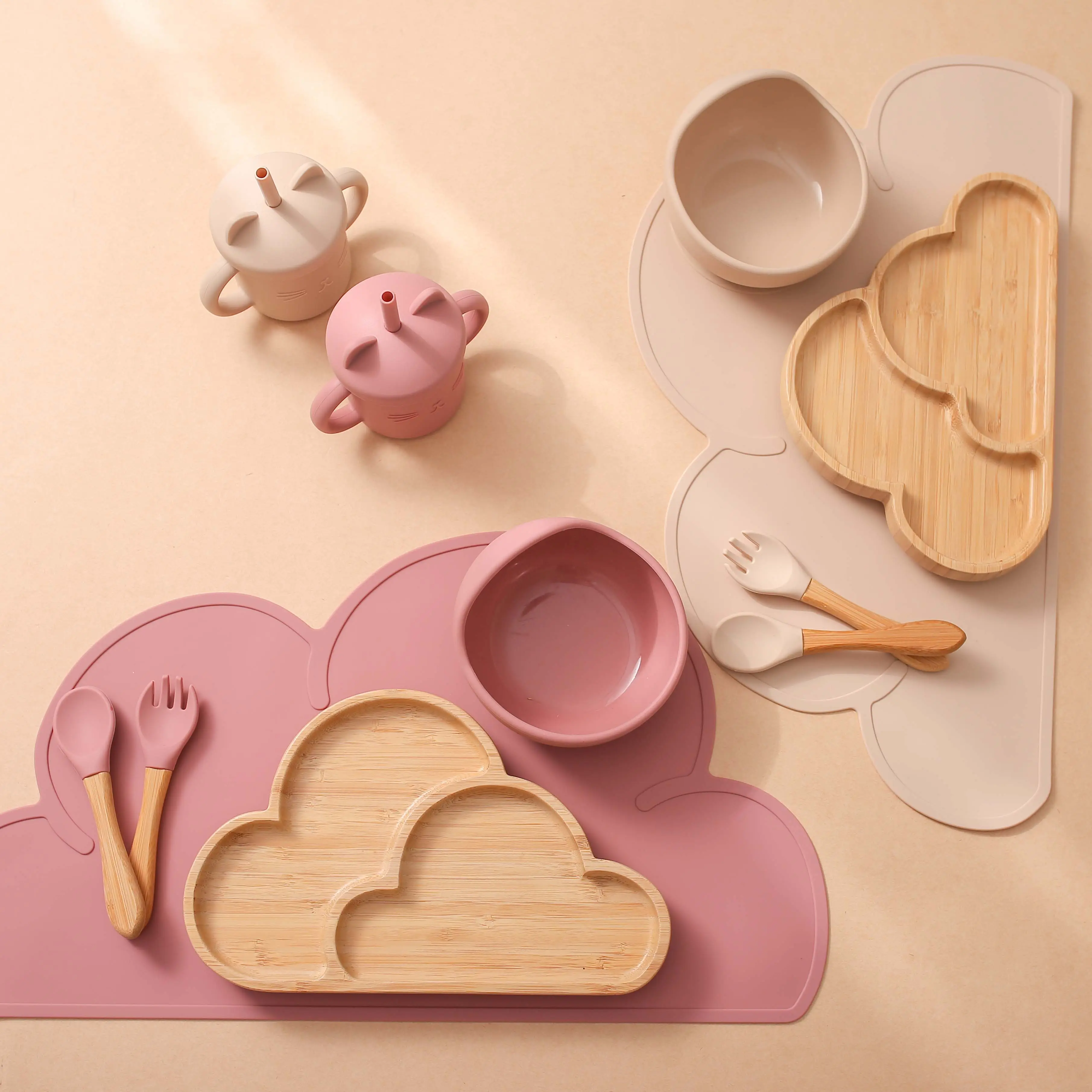 6 en 1 produits pour bébés tapis de Table en silicone assiette bol cuillère fourchette gobelet nuage vaisselle ensembles d'alimentation pour bébé ensemble de salle à manger pour bébé