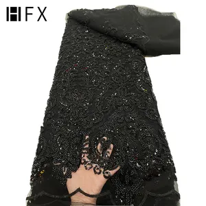 HFX Kain Renda Nigeria Ungu 2022 Baru Mewah Bordir Kristal Payet Kain Bermanik-manik Berat Renda untuk Gaun Pengantin