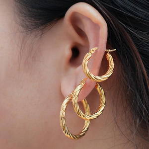 Retro Style <b>Gold</b> Women's Trendy Round Twill Stainless Steel <b>Earrings</b> Hoop <b>Set</b> - Product Image 1