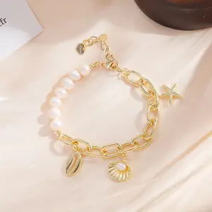 High Quality Stainless Steel Gold Starfish Shell Freshwater Pearl Female luxury Stitching Paper Clip Bracelets