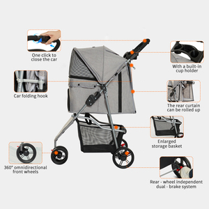 Venda quente Dobrável Pet Stroller Cinza 3 Rodas Pet Passeando Carrinho com Cesta De Armazenamento e Copo Titular - Product Image 3
