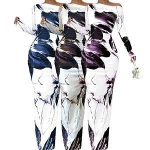 Robes ajustées à manches longues et épaules dénudées à imprimé floral pour femmes, mode - Product Image 6