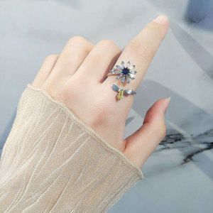 Geometric Colorful Cubic Zirconia Rotate Flower Ring Copper White Gold Plated Honey <b>Bee</b> Open Rings Anxiety Relief Jewelry - Product Image 2