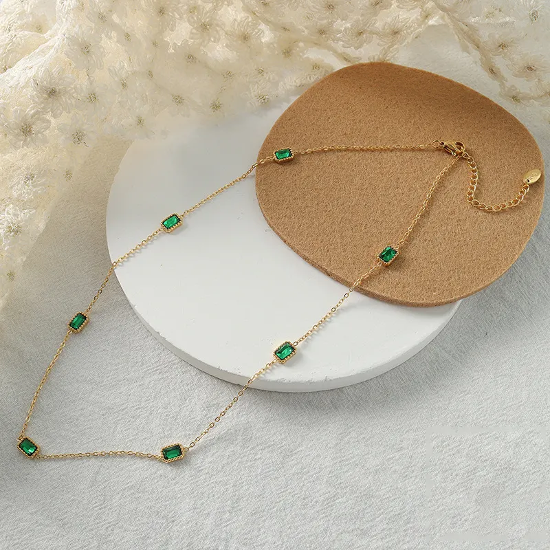 Cinoon — colliers en acier inoxydable et Zircon vert émeraude pour femmes, perles carrées, ras du cou plaqué or, Vintage, bijoux minimalistes