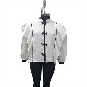 Blusa de Lino Estilo Chino para Mujer con Cuello Mandarín, Manga Abullonada con Volantes, Color en Contraste, Manga Larga, Corte Regular - Product Image 1
