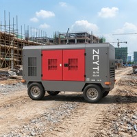Compresseur d'air à vis portable lubrifié diesel 650cfm 18 bars avec pompe et moteur, 4 roues, refroidissement par air, composants PLC