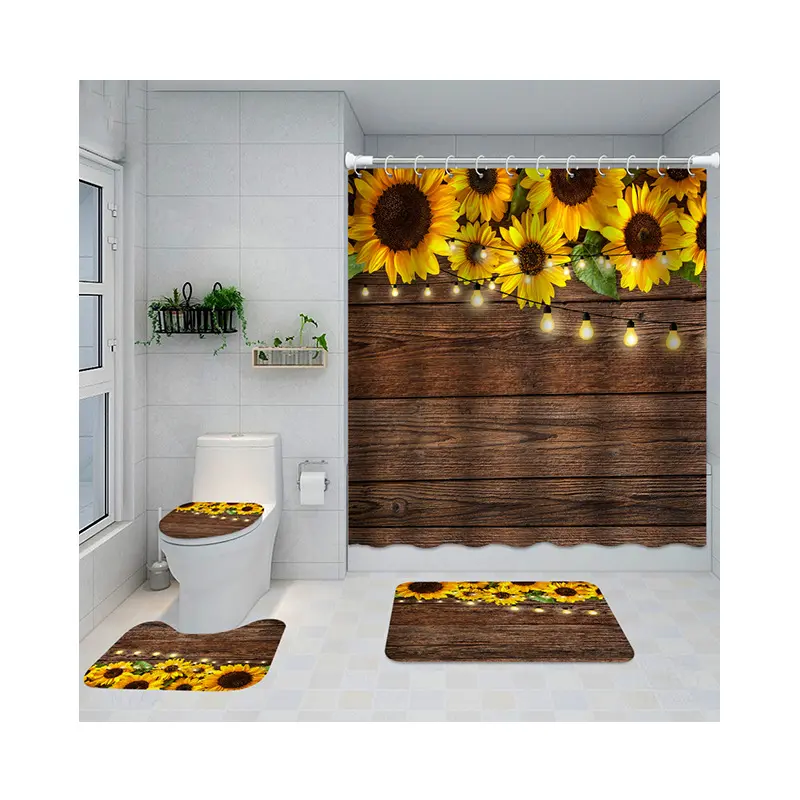 Cross-border recycle spot source factory creative sunflower series digital printing polyester shower curtain bathroom home house