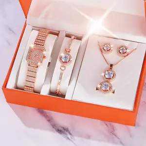 6097 Square Full Rhinestone Women's Quartz Watch Ladies Bracelet Necklace Earring 5pcs Jewelry Set Gift Luxury