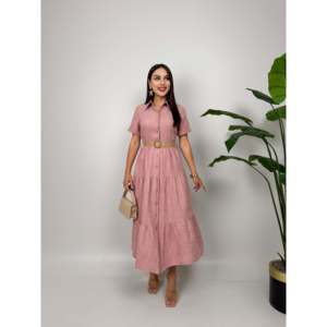 Vestido Camisero Amarillo con Cinturón, Cuello Camisero, Tejido Transpirable, Estilo Casual Diario, Largo Midi, Cintura Natural - Product Image 2