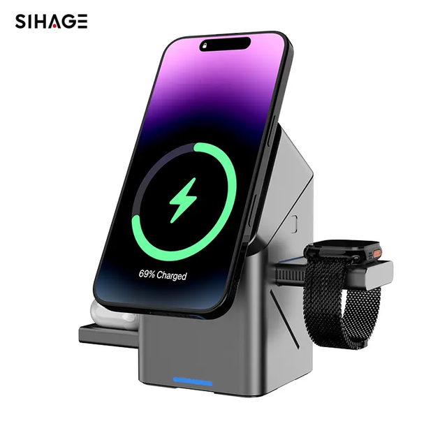 15W Auto Fold Fast Charging Stand 3-in-1 Portable Magnetic Wireless Charger Station Automatic Change Electric for Phone