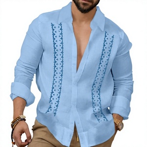 Chemise décontractée pour homme, bleu clair, manches longues, col rabattu, broderie à la main, été, respirante, popeline, manches longues - Product Image 1
