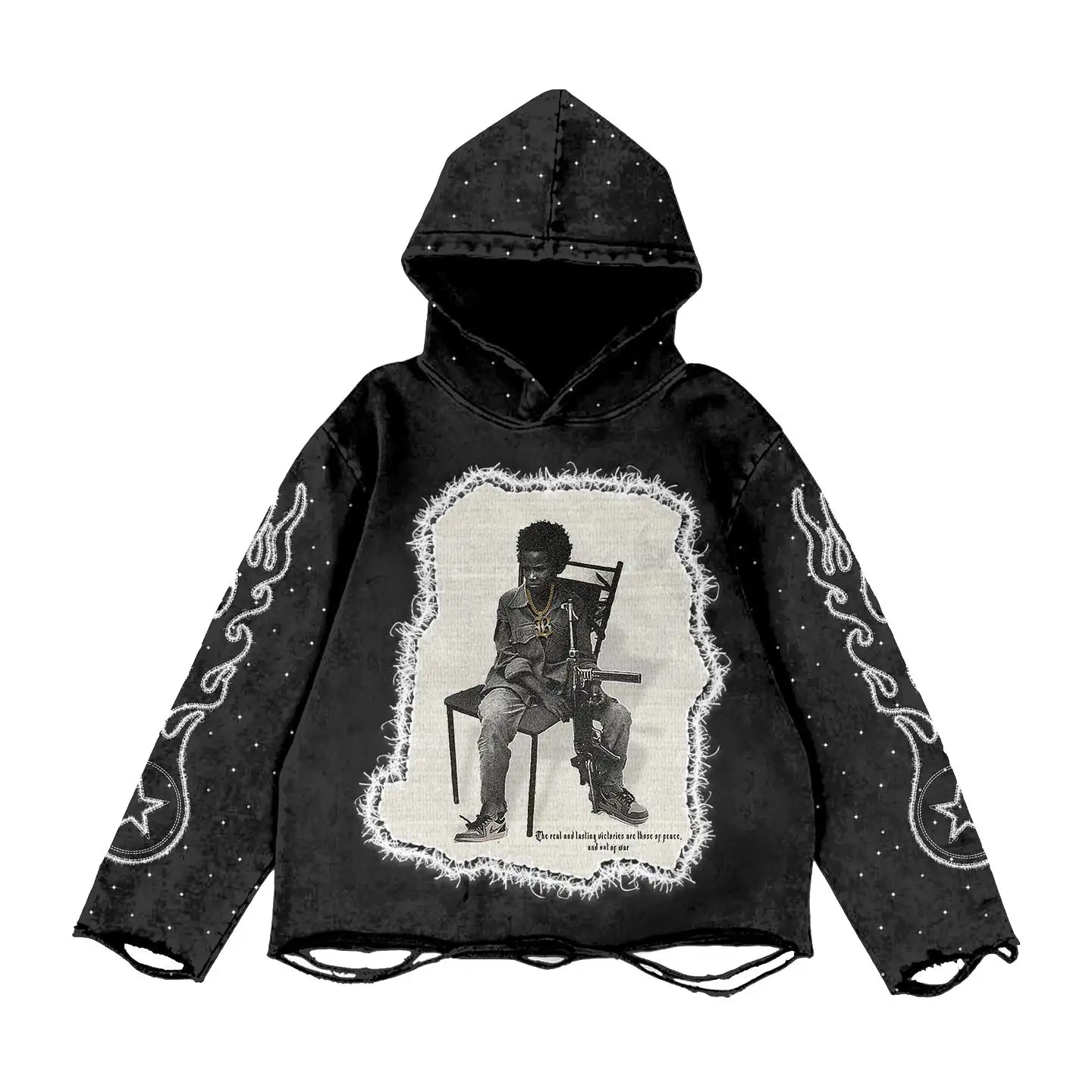 Yeni varış Y2K streetwear kırpılmış ham hem hoodies sıkıntılı yama nakış hoodie 550 gsm ağır rhinestone hoodie