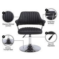 Chaise de bar moderne en cuir noir avec base métallique, accoudoirs intégrés à surpiqûres, réglable en hauteur, pivotante, pour comptoir