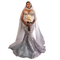 Nouvelle Arrivée Robe de Mariée Sirène Luxueuse Grande Taille, Dentelle Perlée et Brodée, Effet Amincissant et Flatterant pour la Silhouette, Traîne Longue 100%