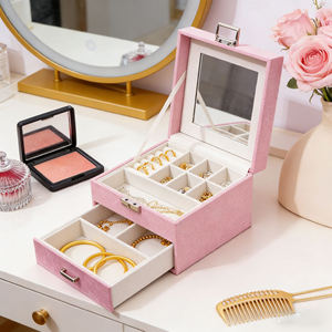 Fabrikneues Design Samt-Schmuckkästchen mit 2 Ebenen, Schmuck-Organizer, Etui für Ohrringe, Halsketten, Schmuckaufbewahrungsboxen mit Spiegel - Product Image 1