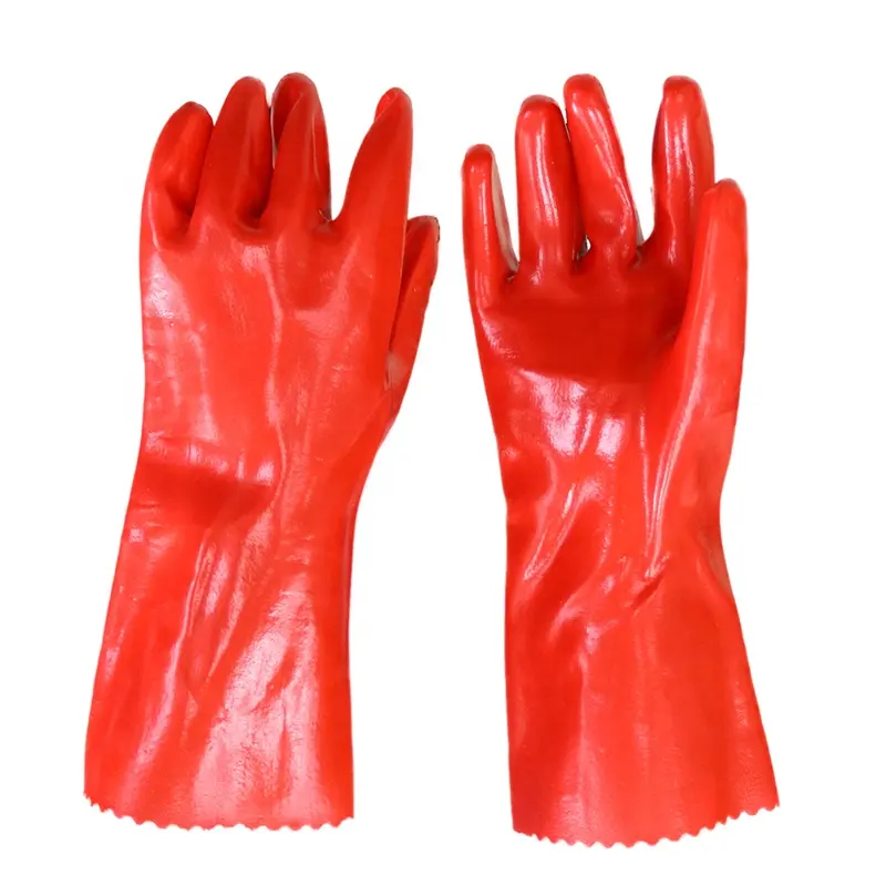 35 cm long gauntlet fully dipped red pvc work gloves waterproof oil chemical resistant cheap pvc gloves industrial