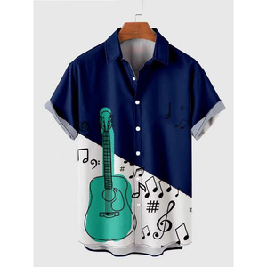 Camisa Casual de Manga Corta para Hombre, Estampado Digital con Notas Musicales de Guitarra, Cuello Clásico, Verano, Transpirable, Poliéster Popelina - Product Image 1