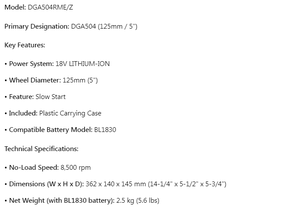 Amoladora Angular Inalámbrica <span class=keywords><strong>DGA504</strong></span> de 125 mm (5\") y 18 V con Estuche de Plástico para Cortar, Desbastar y Pulir Metal - Product Image 5
