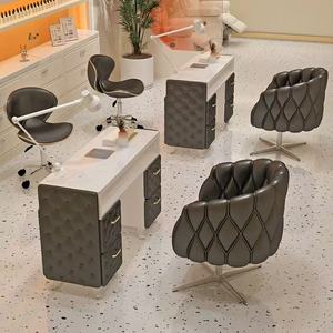 Juego de mesa y silla de salón de uñas de alta gama en color crema con tablero de mármol y enchufe para aspiradora integrado. - Product Image 3