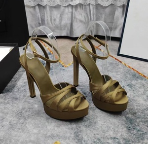 Beautiful peach-colored satin waterproof platform <b>sandals</b> with ultra-high heels and one-piece buckle cross straps for formal - Product Image 3