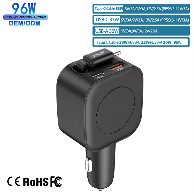 125W Retractable Cable Car Charger PD 3.0 QC3.0 SCP Fast Charging Fireproof Dual Ports Type-C USB Adapter 5V/3A Mobile Phone