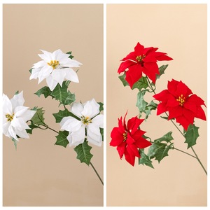 Poinsettia 2024 3 teste di fiori artificiali luminosi rosso flanella <span class=keywords><strong>oro</strong></span> polvere nucleo natale mazzo di Natale di Poinsettia - Product Image 5