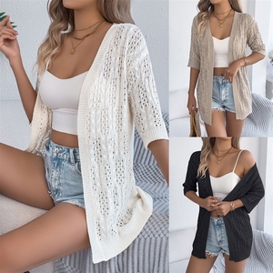 Cárdigan de punto de manga media con diseño calado, estilo europeo y americano, color liso, informal, para primavera/verano, largo medio, para <span class=keywords><strong>mujer</strong></span>. - Product Image 2