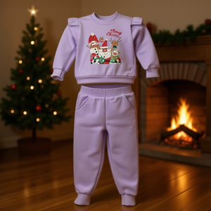 Tuta natalizia viola per bambine, a maniche lunghe, girocollo, 100% cotone, casual, invernale, con stampa di personaggi e dettagli laterali - Product Image 2