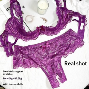 Lencería Sexy de Encaje Morado, Diseño Push-Up, Realza los Bustos Pequeños, Copas con Aros, Copas Acolchadas, Tela Transparente de Grado Alimenticio - Product Image 4