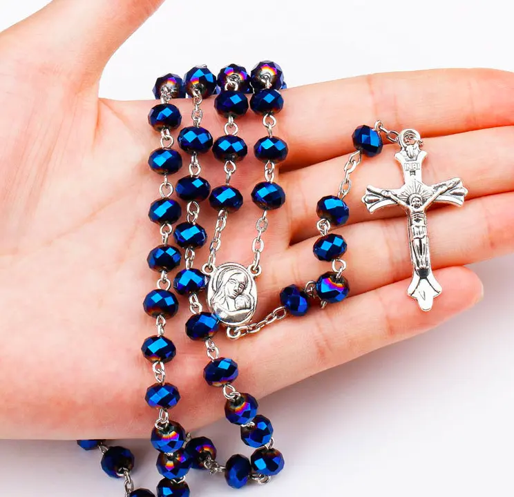 8 milímetros Redondo Azul De Vidro Beads Rosário Católico Colar com Medalha de Fatima