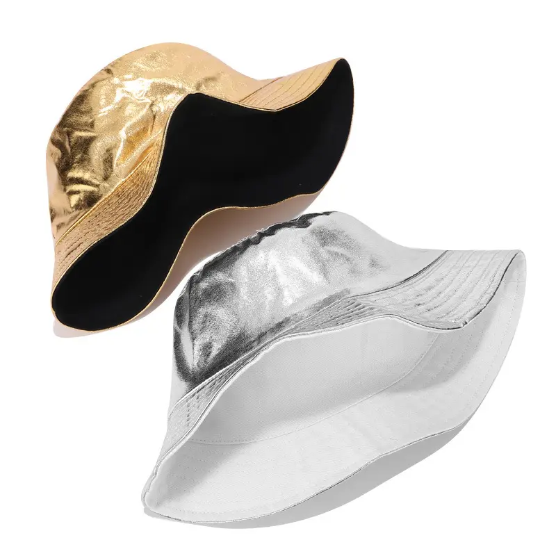 유럽과 미국 골드 양면 거리 태양 보호 자외선 차단 광택 PU 가죽 어부 모자 접이식 버킷 모자