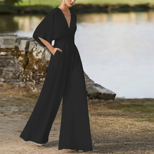 Combinaison Femme Élégante Décontractée à Jambes Larges Col V Manches Fluides Style <span class=keywords><strong>Palazzo</strong></span> Multicolore Nouvelle Collection Été 2026 - Product Image 4