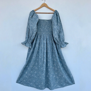 Vestido Maxi de Algodón con Estampado Floral Azul para Mujer, Cuello Cuadrado, Manga con Volantes, Estilo Boho, Ligero, Informal, para Verano - Product Image 1